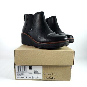 Clarks Mazy Tisbury Black Leather Ankle Wedge Chelsea Slip On Boots US EU 36